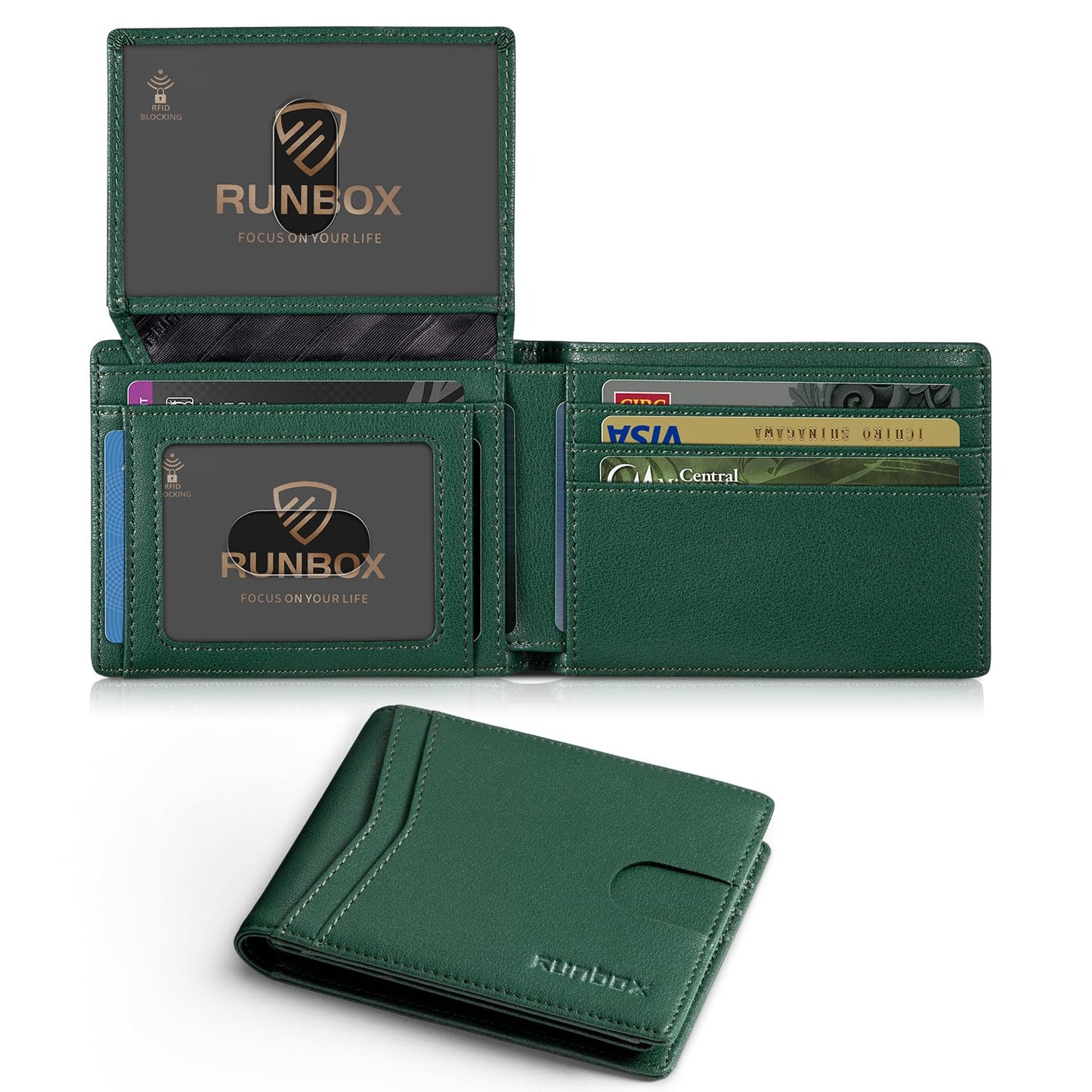 RUNBOX Wallet for Men Slim Rfid Leather 2 ID Window With Gift Box