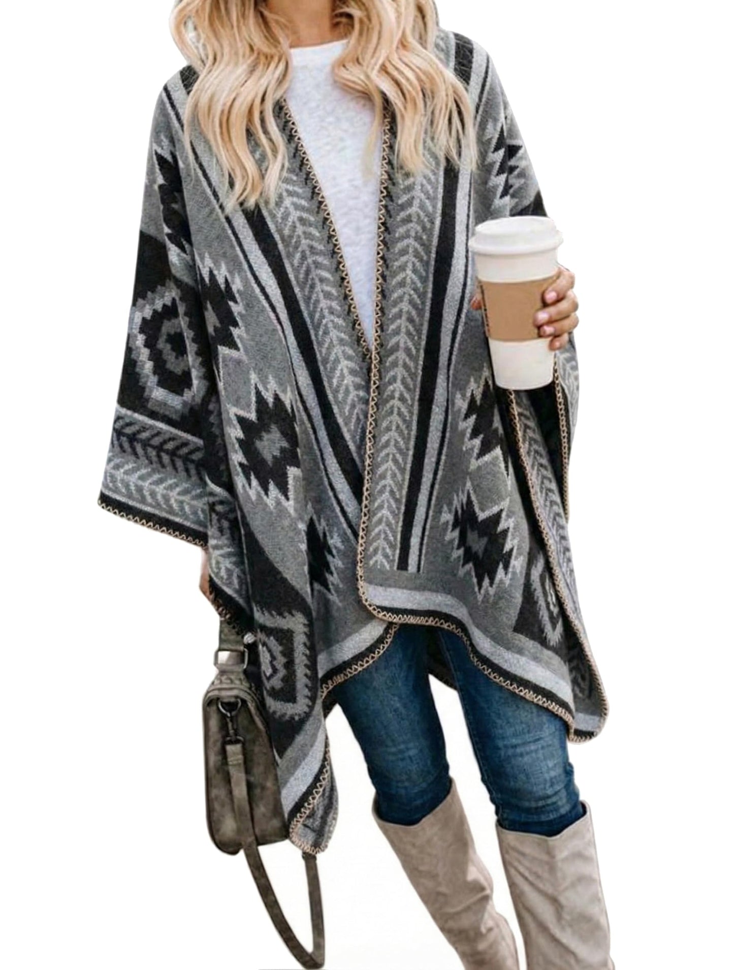 Bestshe Women's Boho Open Front Poncho Knitted Plaid Shawl Wrap Cape Tassel Cardigan Sweater