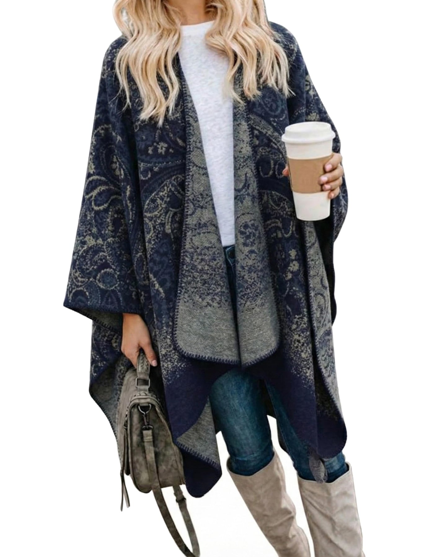 Bestshe Women's Boho Open Front Poncho Knitted Plaid Shawl Wrap Cape Tassel Cardigan Sweater