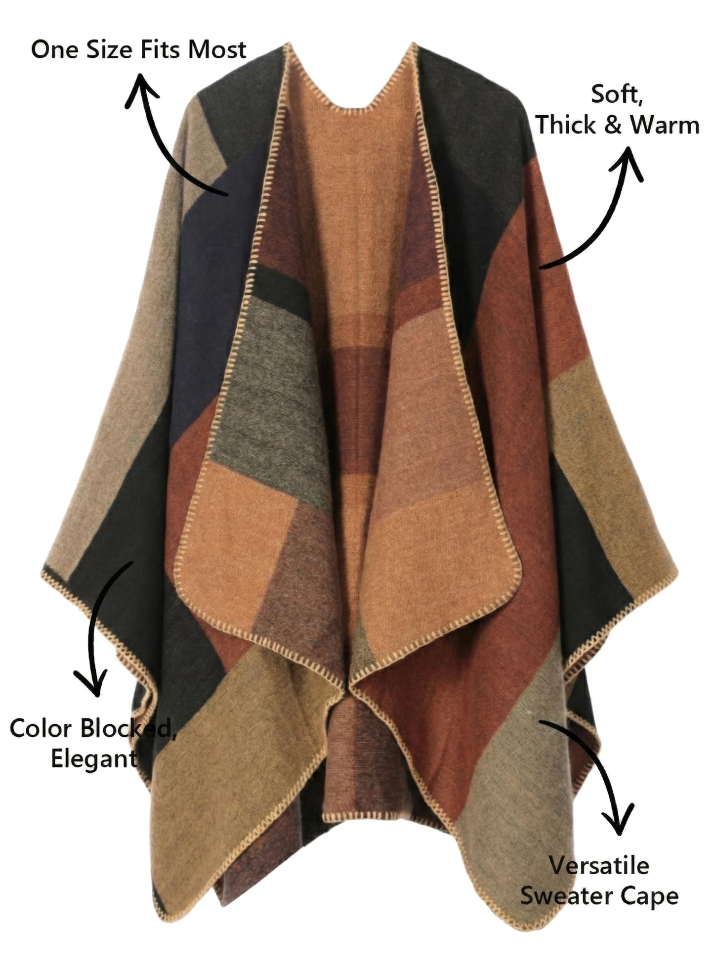 Bestshe Women's Boho Open Front Poncho Knitted Plaid Shawl Wrap Cape Tassel Cardigan Sweater