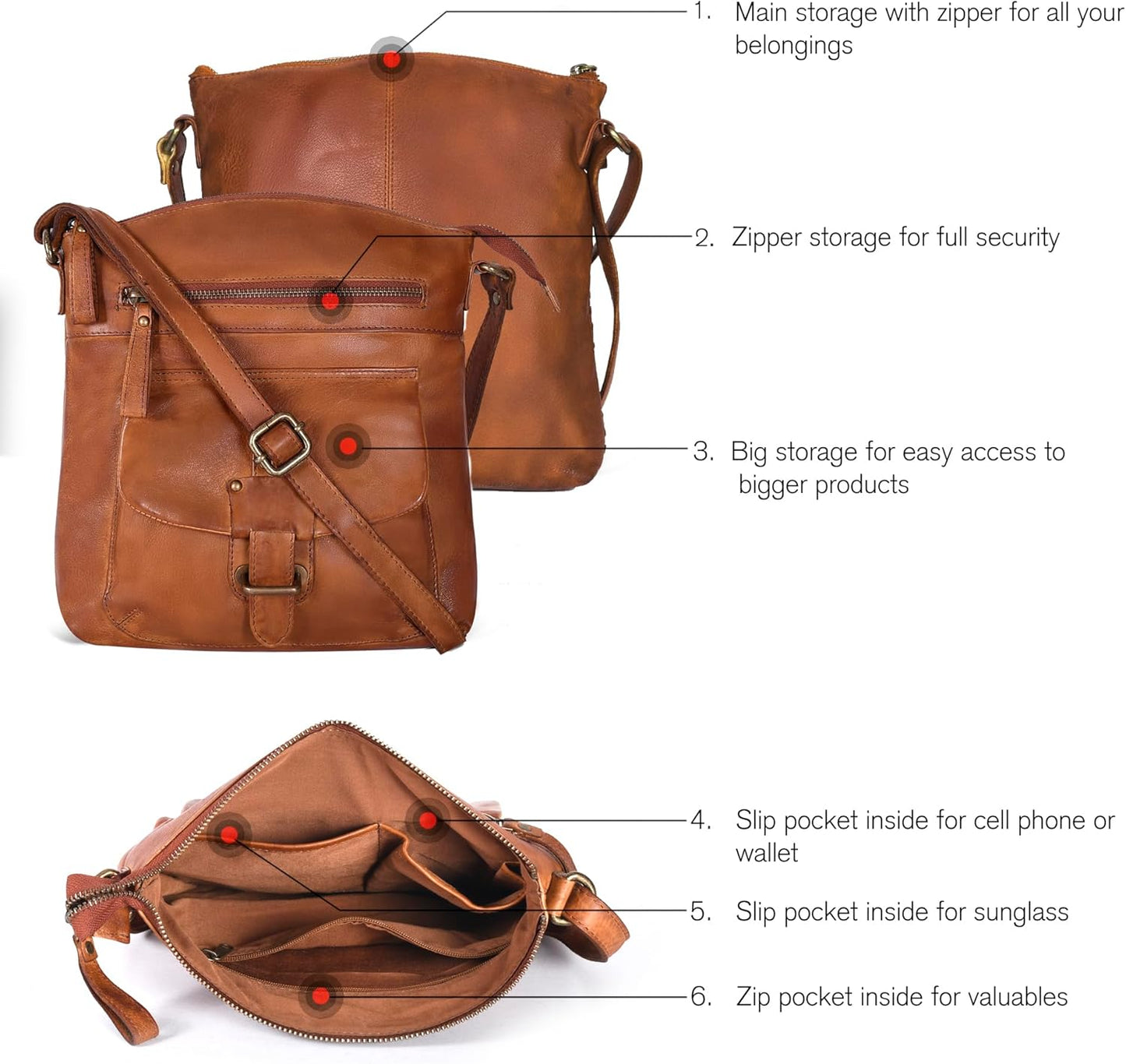 Oak Leathers Leather Crossbody Bag For Women With Adjustable Sling Strap - Medium Size Crossover Shoulder Handbag Purse