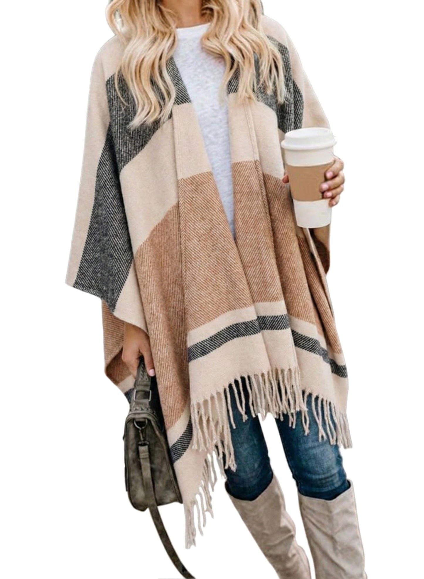 Bestshe Women's Boho Open Front Poncho Knitted Plaid Shawl Wrap Cape Tassel Cardigan Sweater
