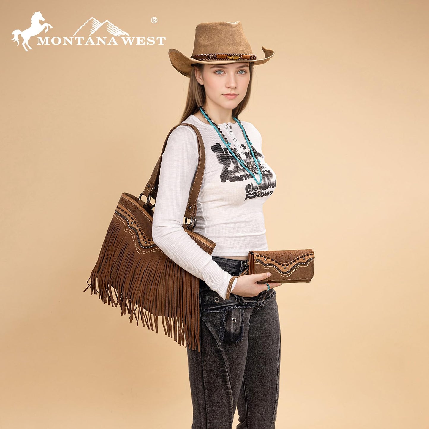 Montana West Western Tote Bag for Women Tooled Fringe Purse and Handbag with Wallet