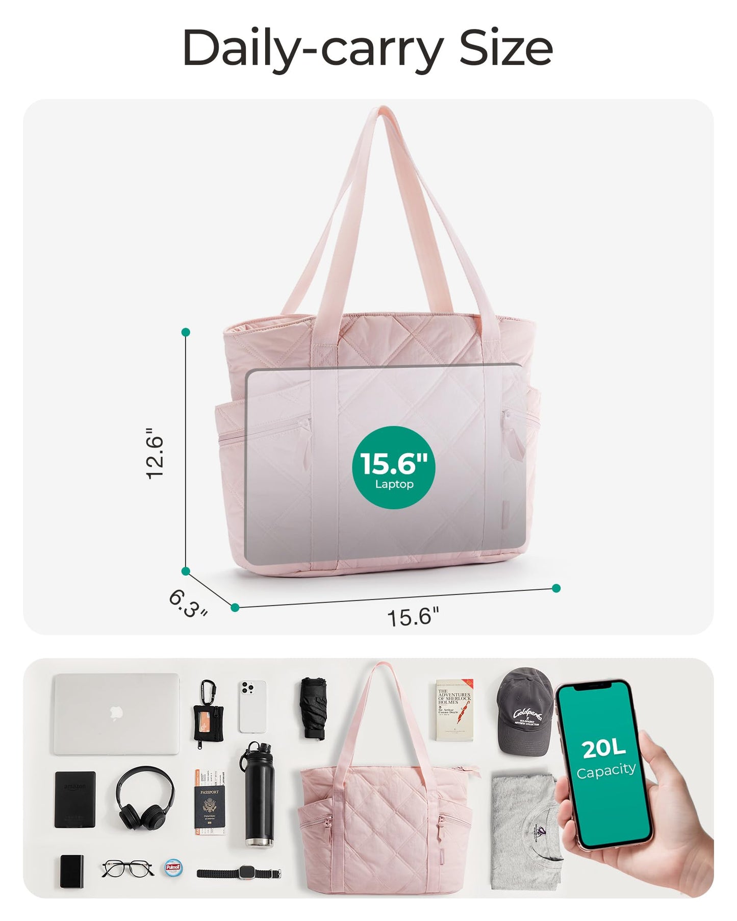 BAGSMART Crush Tote Bag for Women, 20L Puffer Work Tote with Zipper, Travel Essentials Quilted Nurse Hospital Bag