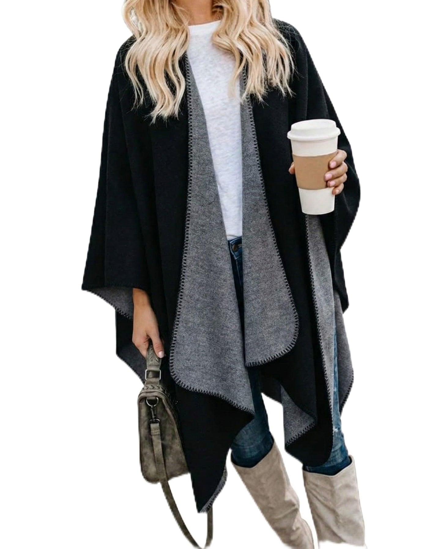 Bestshe Women's Boho Open Front Poncho Knitted Plaid Shawl Wrap Cape Tassel Cardigan Sweater