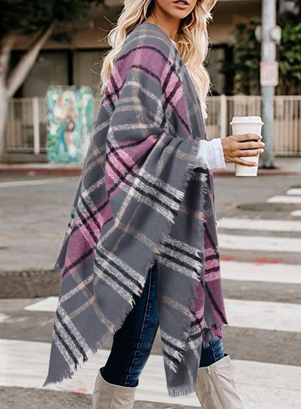 Bestshe Women's Boho Open Front Poncho Knitted Plaid Shawl Wrap Cape Tassel Cardigan Sweater