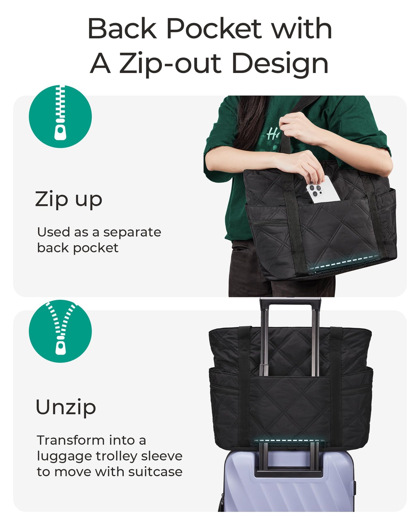 BAGSMART Crush Tote Bag for Women, 20L Puffer Work Tote with Zipper, Travel Essentials Quilted Nurse Hospital Bag