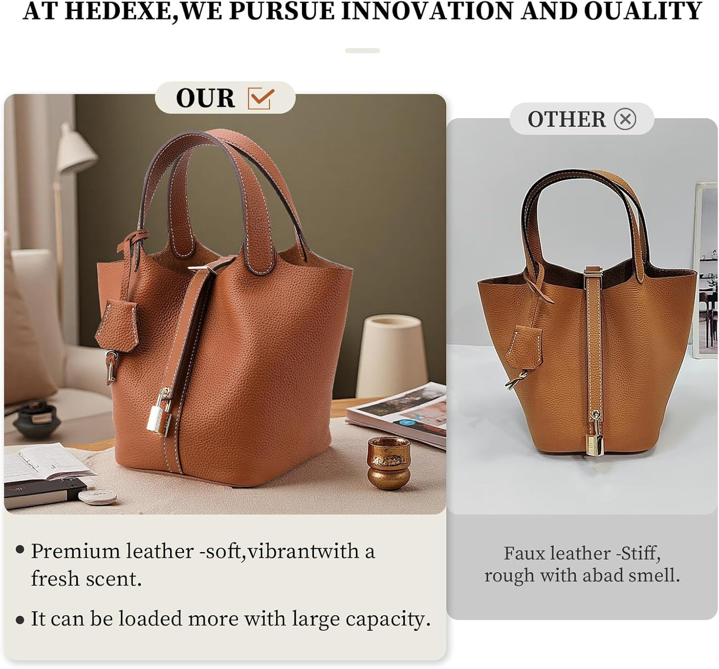 Designer Leather Bucket Bags for Women: Trendy Genuine Leather Tote Purses - Luxury Satchel Top-Handle Handbags for Travel