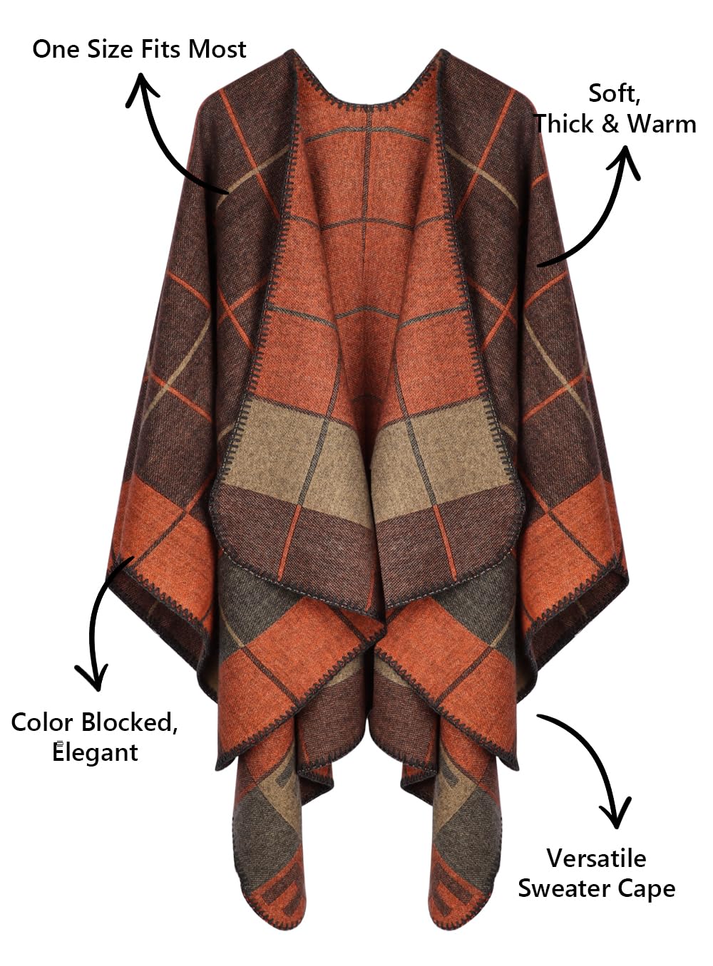 Bestshe Women's Boho Open Front Poncho Knitted Plaid Shawl Wrap Cape Tassel Cardigan Sweater