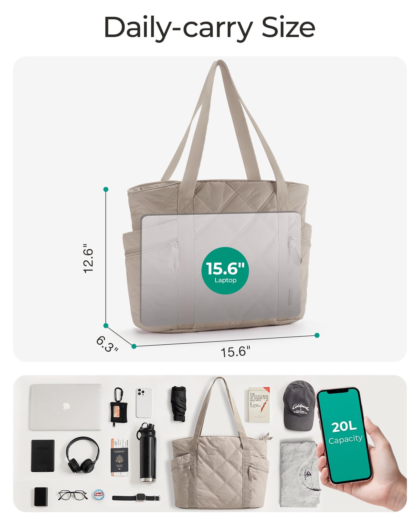 BAGSMART Crush Tote Bag for Women, 20L Puffer Work Tote with Zipper, Travel Essentials Quilted Nurse Hospital Bag