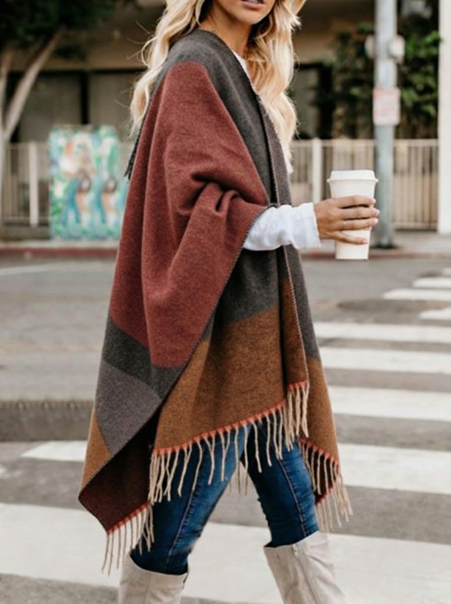 Bestshe Women's Boho Open Front Poncho Knitted Plaid Shawl Wrap Cape Tassel Cardigan Sweater