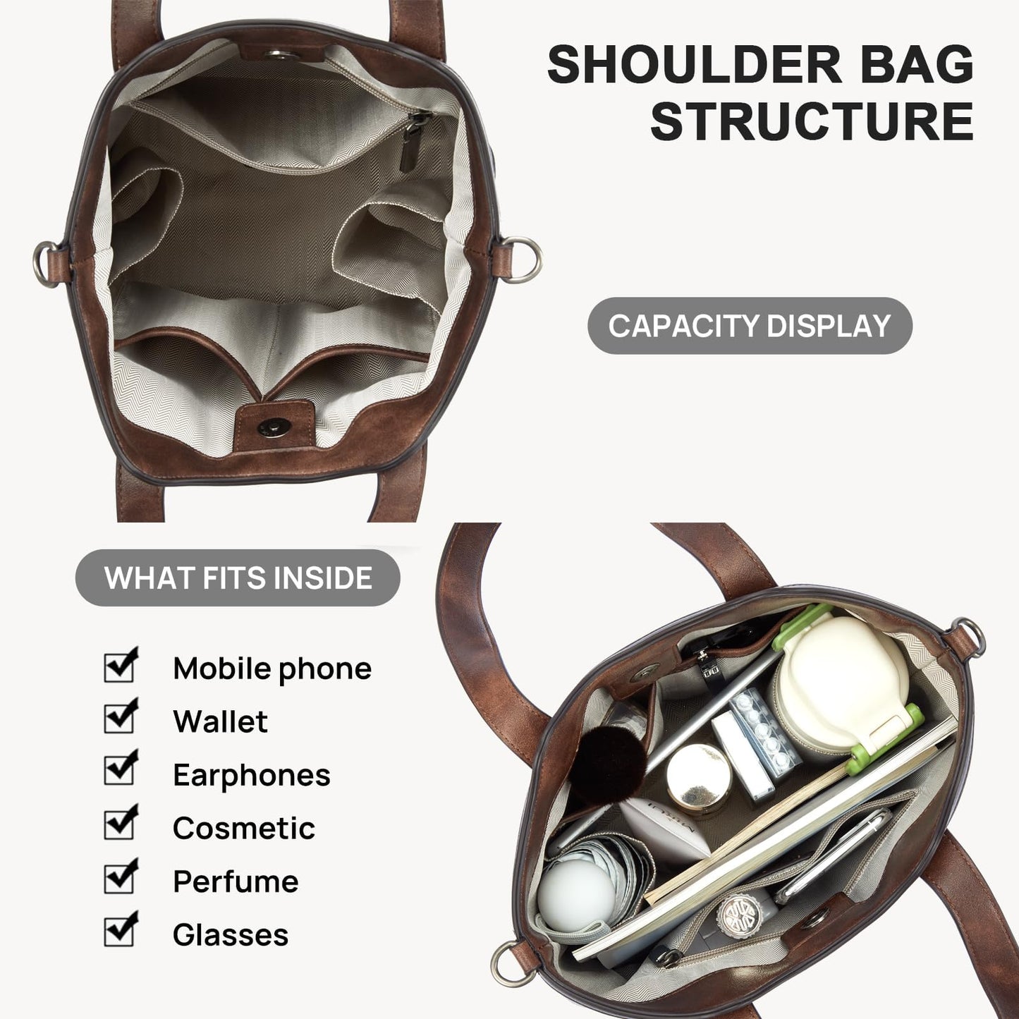 Top Handle Crossbody Bags for Women,Vegan Leather Bucket Purses for Women,Satchel Handbag with 2 Bottle Holder Pocket