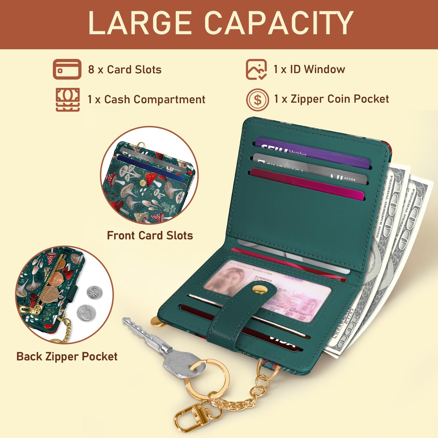 Black Cat Floral Rfid Women Wallet, Small Slim Thin Credit Card Wallet, PU Leather Bifold Cash Zipper Coin Pocket ID Window for Female Ladies Teen Girls Girly