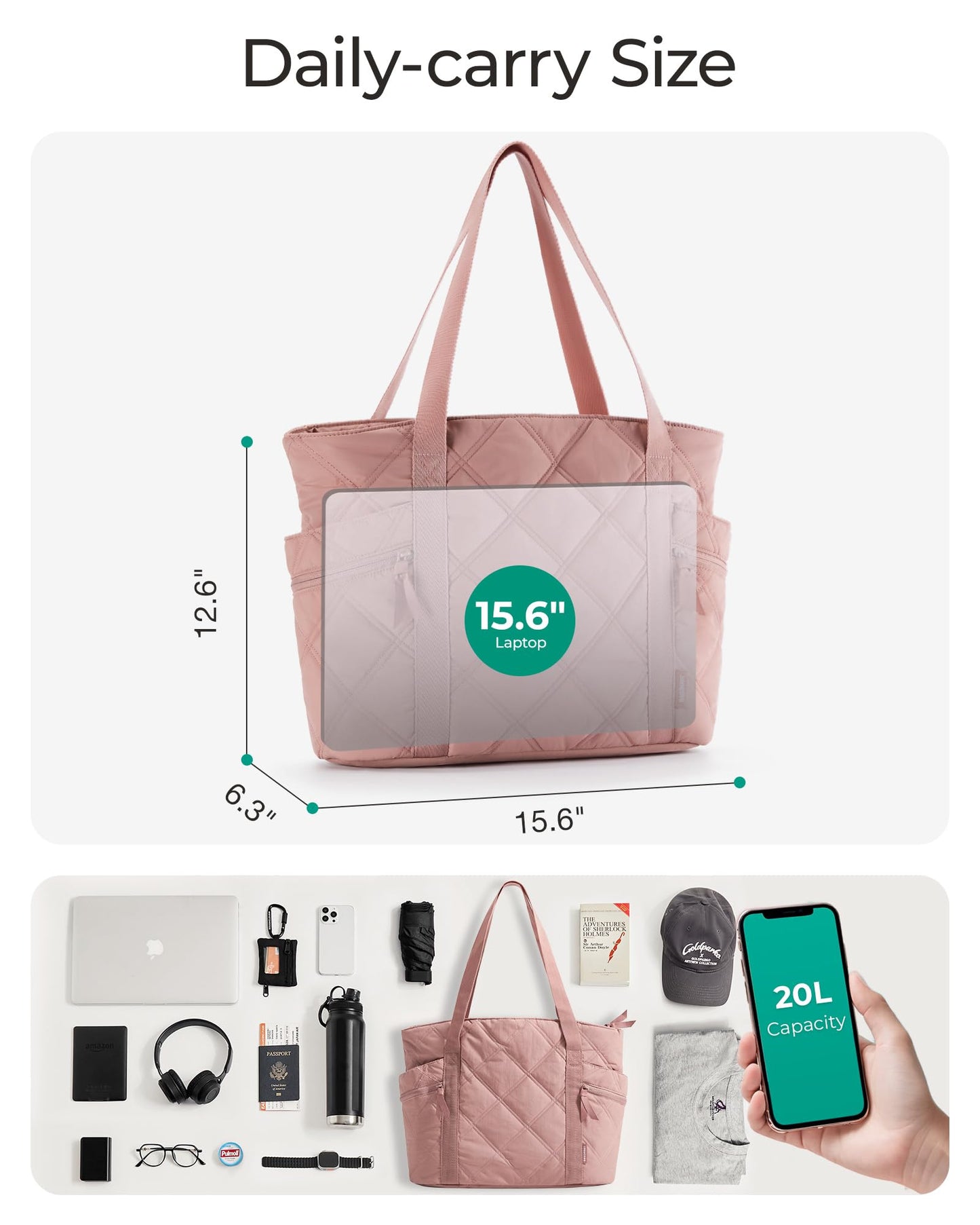 BAGSMART Crush Tote Bag for Women, 20L Puffer Work Tote with Zipper, Travel Essentials Quilted Nurse Hospital Bag