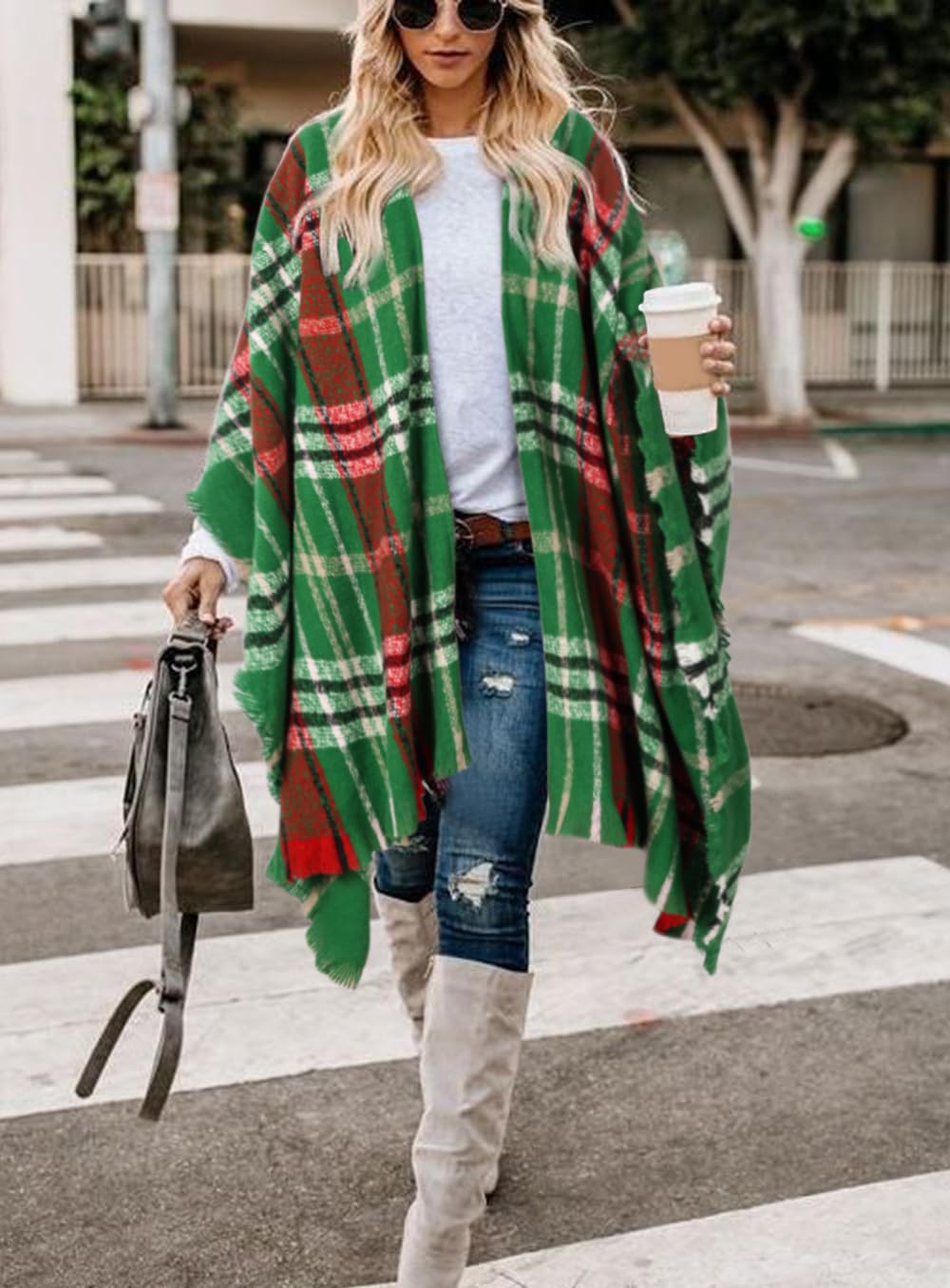 Bestshe Women's Boho Open Front Poncho Knitted Plaid Shawl Wrap Cape Tassel Cardigan Sweater