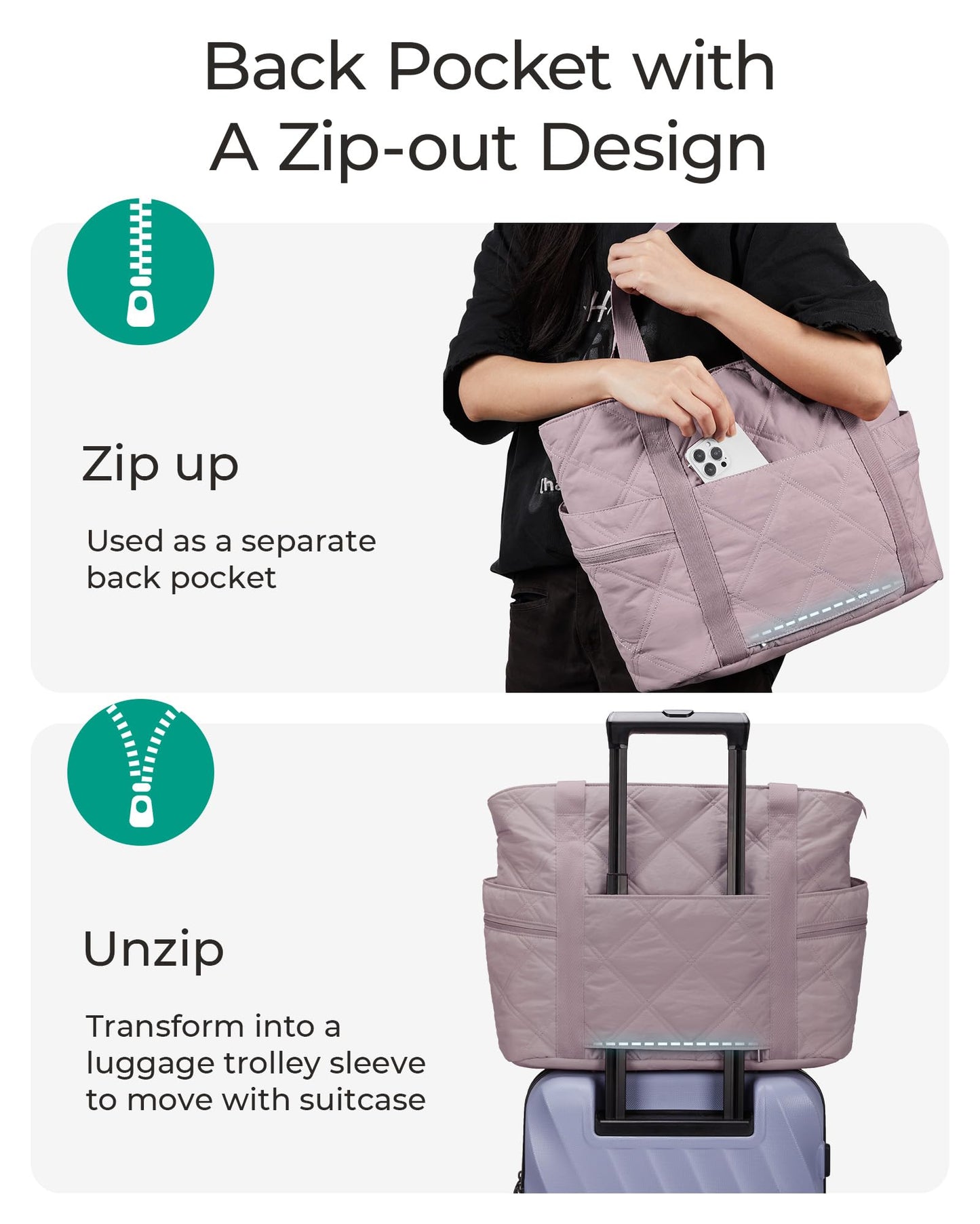 BAGSMART Crush Tote Bag for Women, 20L Puffer Work Tote with Zipper, Travel Essentials Quilted Nurse Hospital Bag