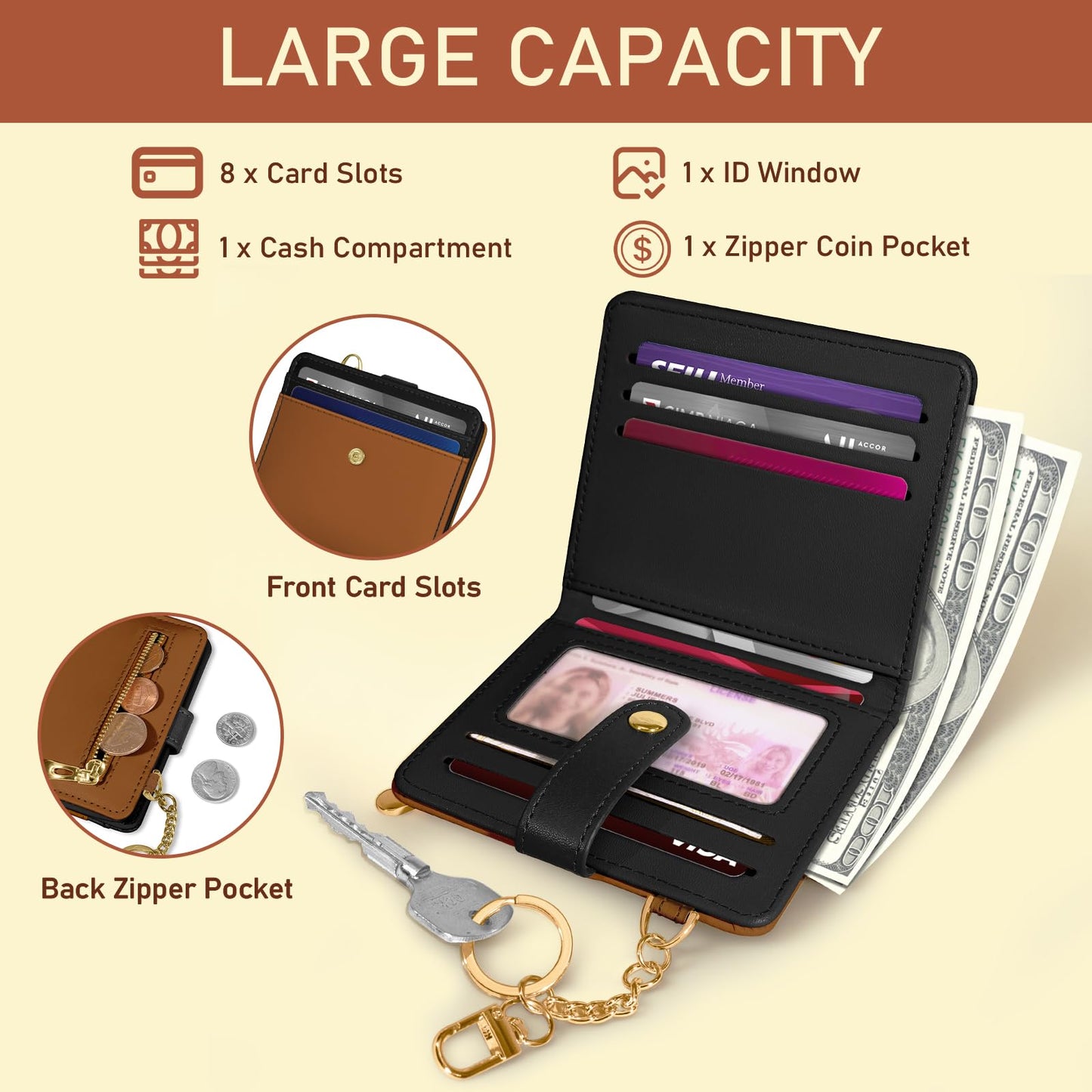 Black Cat Floral Rfid Women Wallet, Small Slim Thin Credit Card Wallet, PU Leather Bifold Cash Zipper Coin Pocket ID Window for Female Ladies Teen Girls Girly