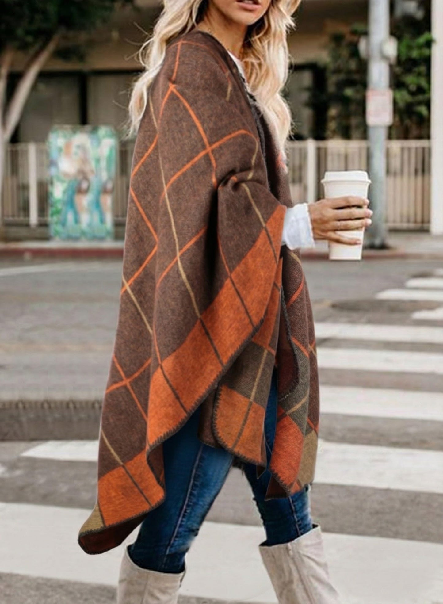 Bestshe Women's Boho Open Front Poncho Knitted Plaid Shawl Wrap Cape Tassel Cardigan Sweater