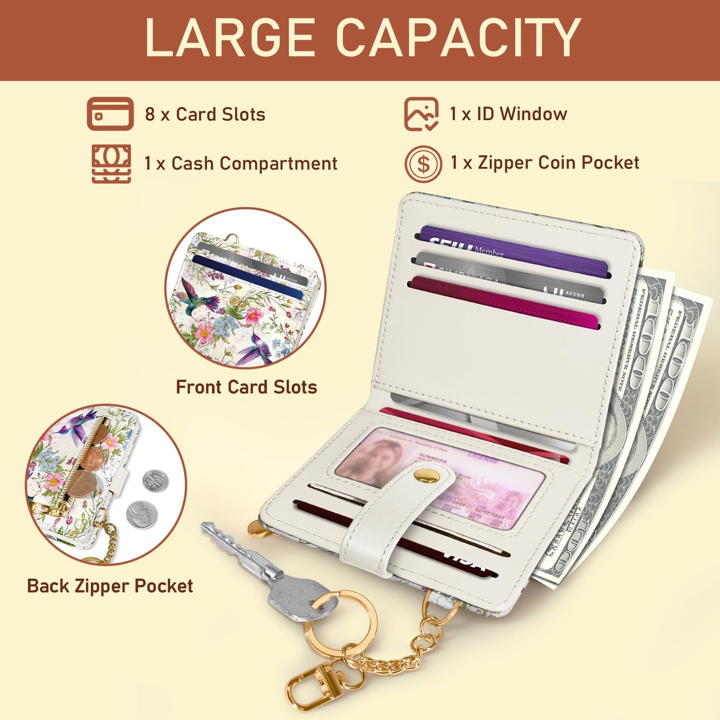 Black Cat Floral Rfid Women Wallet, Small Slim Thin Credit Card Wallet, PU Leather Bifold Cash Zipper Coin Pocket ID Window for Female Ladies Teen Girls Girly