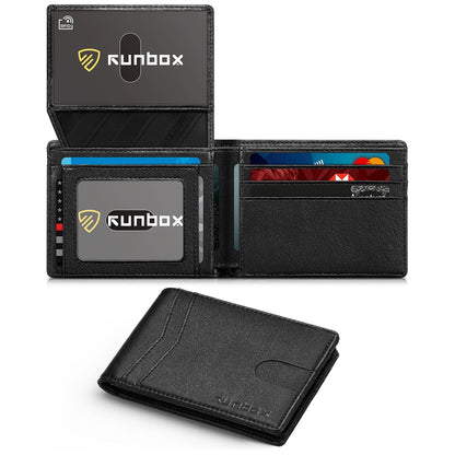 RUNBOX Wallet for Men Slim Rfid Leather 2 ID Window With Gift Box