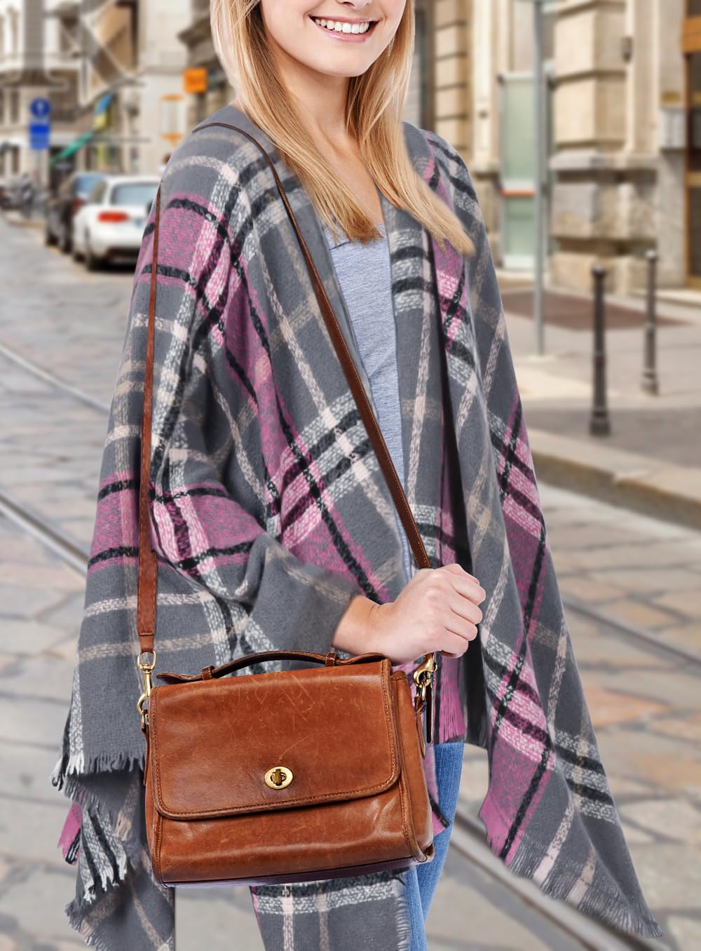 Bestshe Women's Boho Open Front Poncho Knitted Plaid Shawl Wrap Cape Tassel Cardigan Sweater