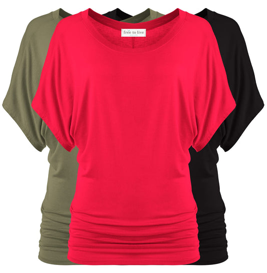 Free to Live 3 Pack Dolman Sleeve Tunic Dressy Business Casual Tops for Women Short Sleeve Shirts Work Outfits Travel Clothes