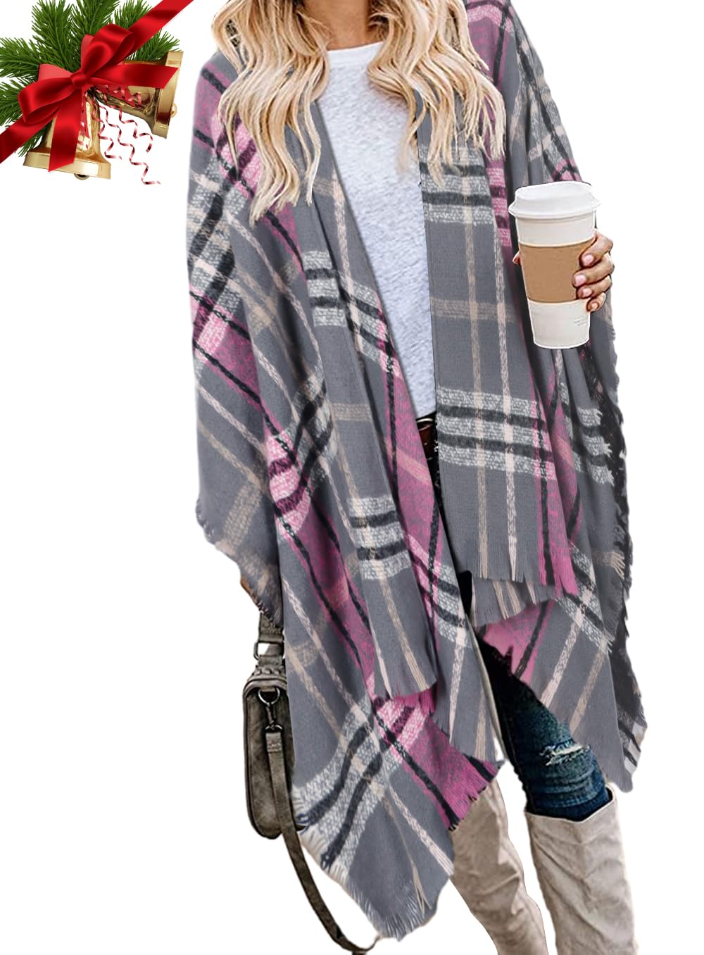 Bestshe Women's Boho Open Front Poncho Knitted Plaid Shawl Wrap Cape Tassel Cardigan Sweater