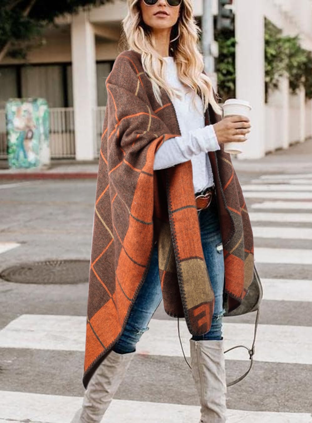 Bestshe Women's Boho Open Front Poncho Knitted Plaid Shawl Wrap Cape Tassel Cardigan Sweater