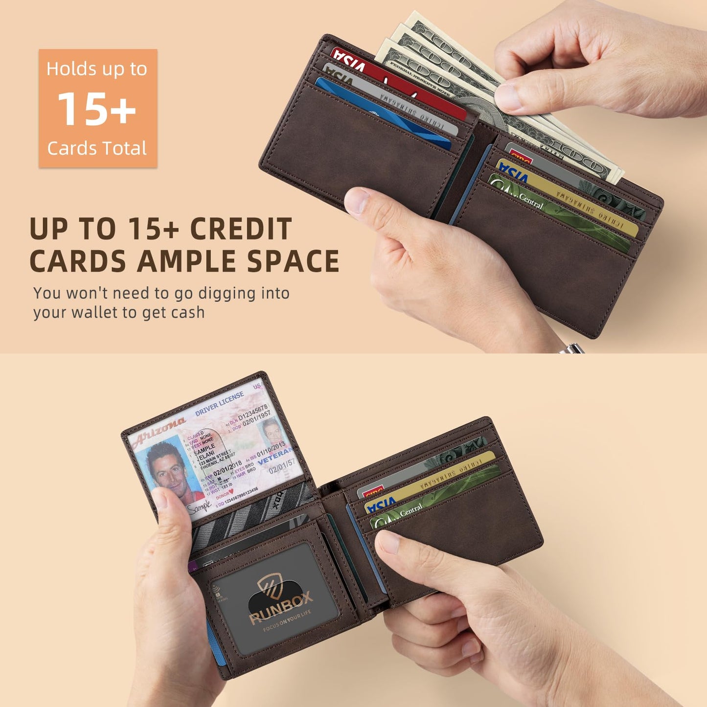 RUNBOX Wallet for Men Slim Rfid Leather 2 ID Window With Gift Box
