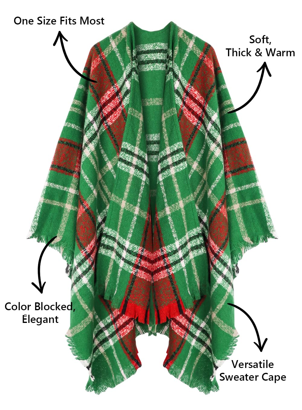 Bestshe Women's Boho Open Front Poncho Knitted Plaid Shawl Wrap Cape Tassel Cardigan Sweater