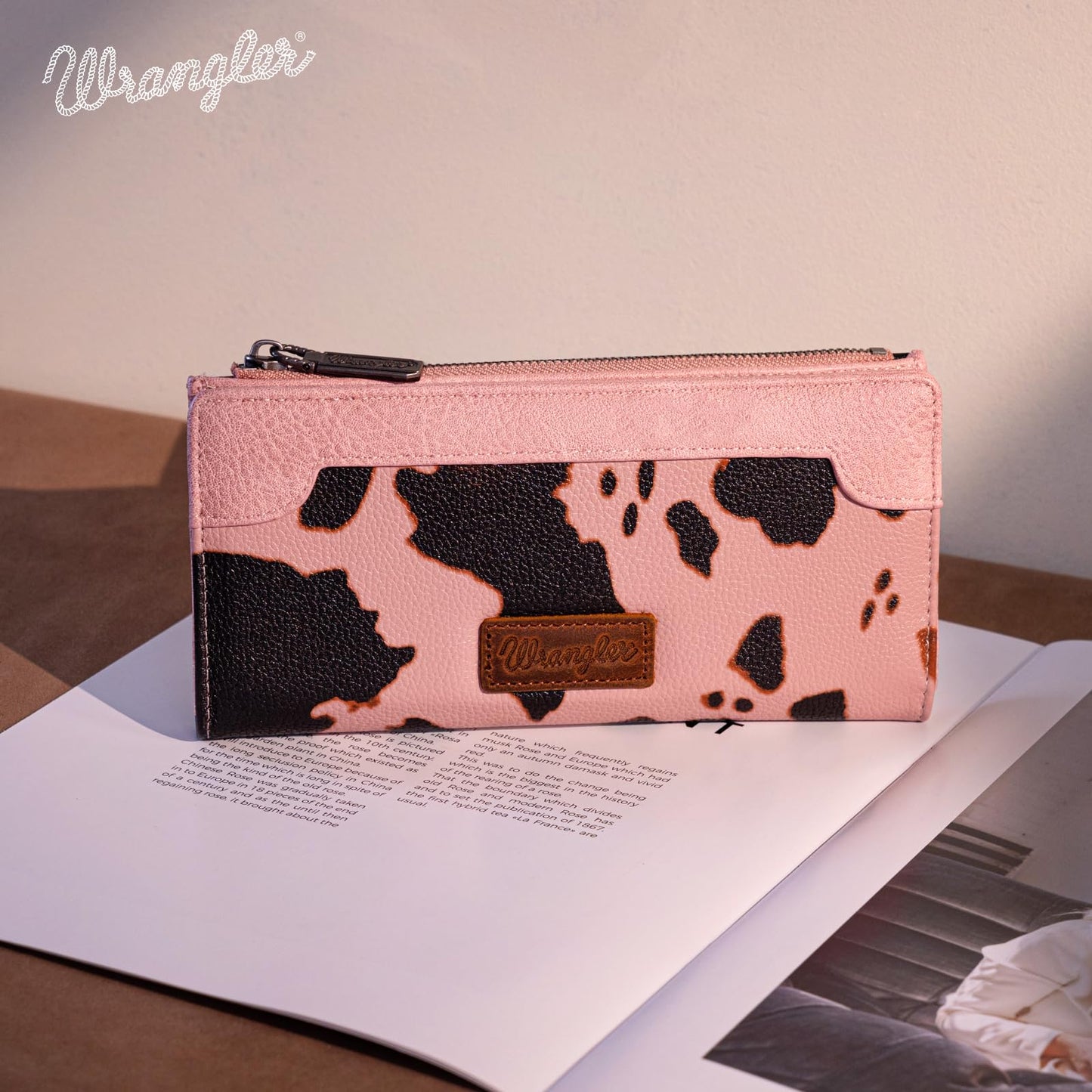 Wrangler Cow Print Wallets Womens Bifold Credit Card Wallet Women's Wallets, Card Cases & Money Organizers Brown Wallet for Women Ladies Female Cash Wallett with Smooth Zipper