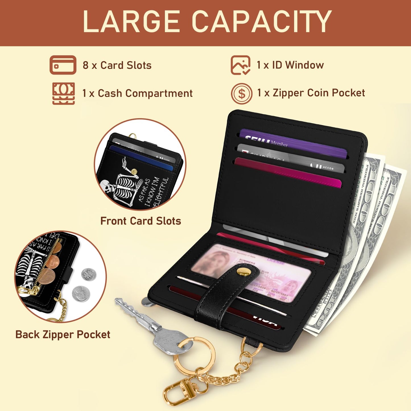 Black Cat Floral Rfid Women Wallet, Small Slim Thin Credit Card Wallet, PU Leather Bifold Cash Zipper Coin Pocket ID Window for Female Ladies Teen Girls Girly