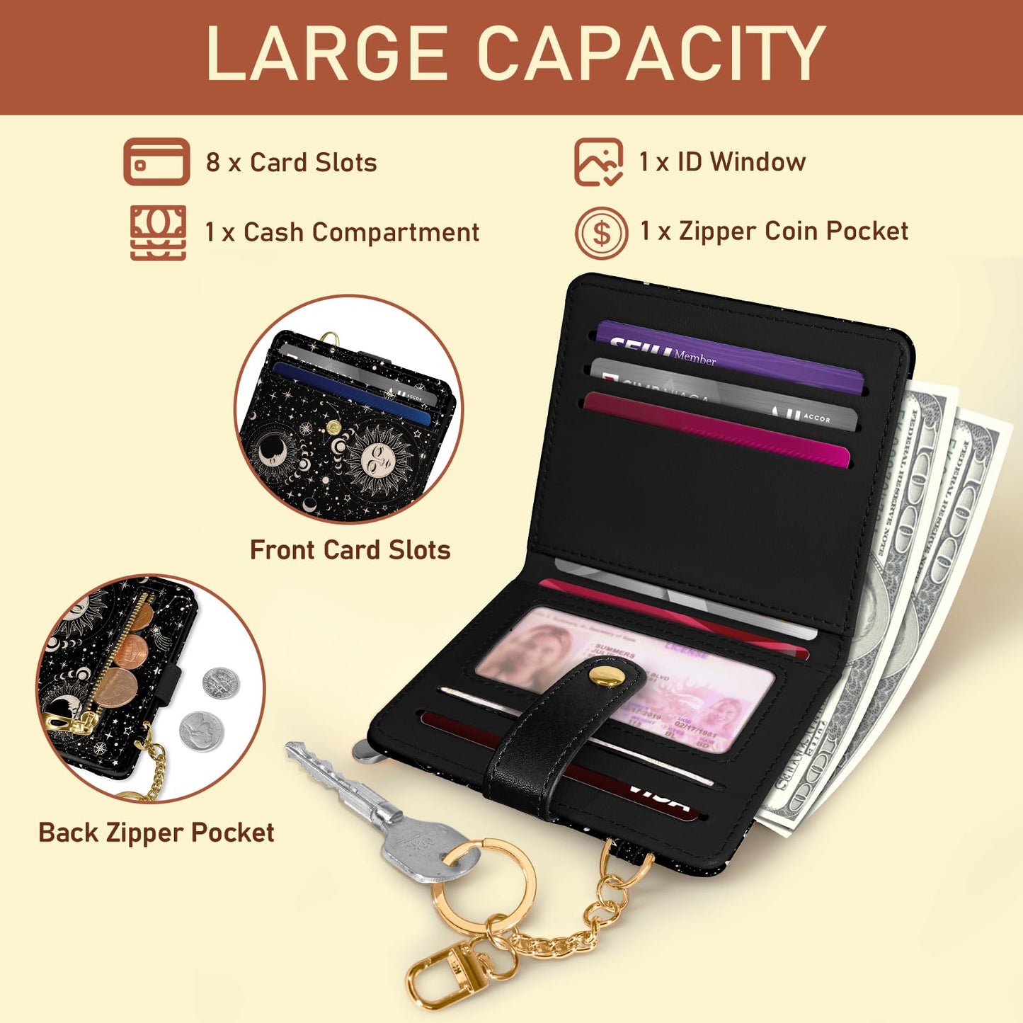 Black Cat Floral Rfid Women Wallet, Small Slim Thin Credit Card Wallet, PU Leather Bifold Cash Zipper Coin Pocket ID Window for Female Ladies Teen Girls Girly