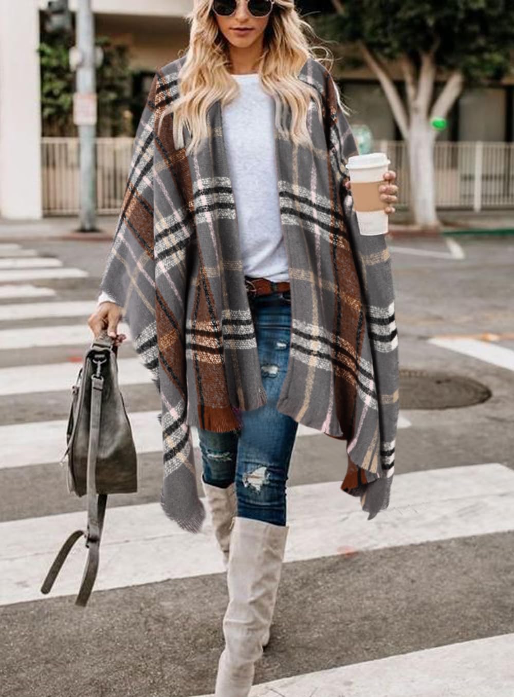 Bestshe Women's Boho Open Front Poncho Knitted Plaid Shawl Wrap Cape Tassel Cardigan Sweater