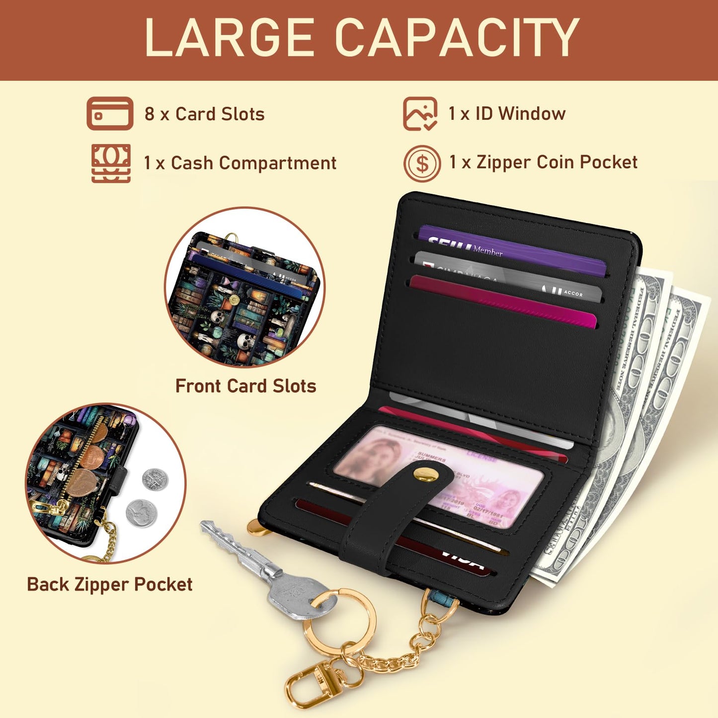 Black Cat Floral Rfid Women Wallet, Small Slim Thin Credit Card Wallet, PU Leather Bifold Cash Zipper Coin Pocket ID Window for Female Ladies Teen Girls Girly