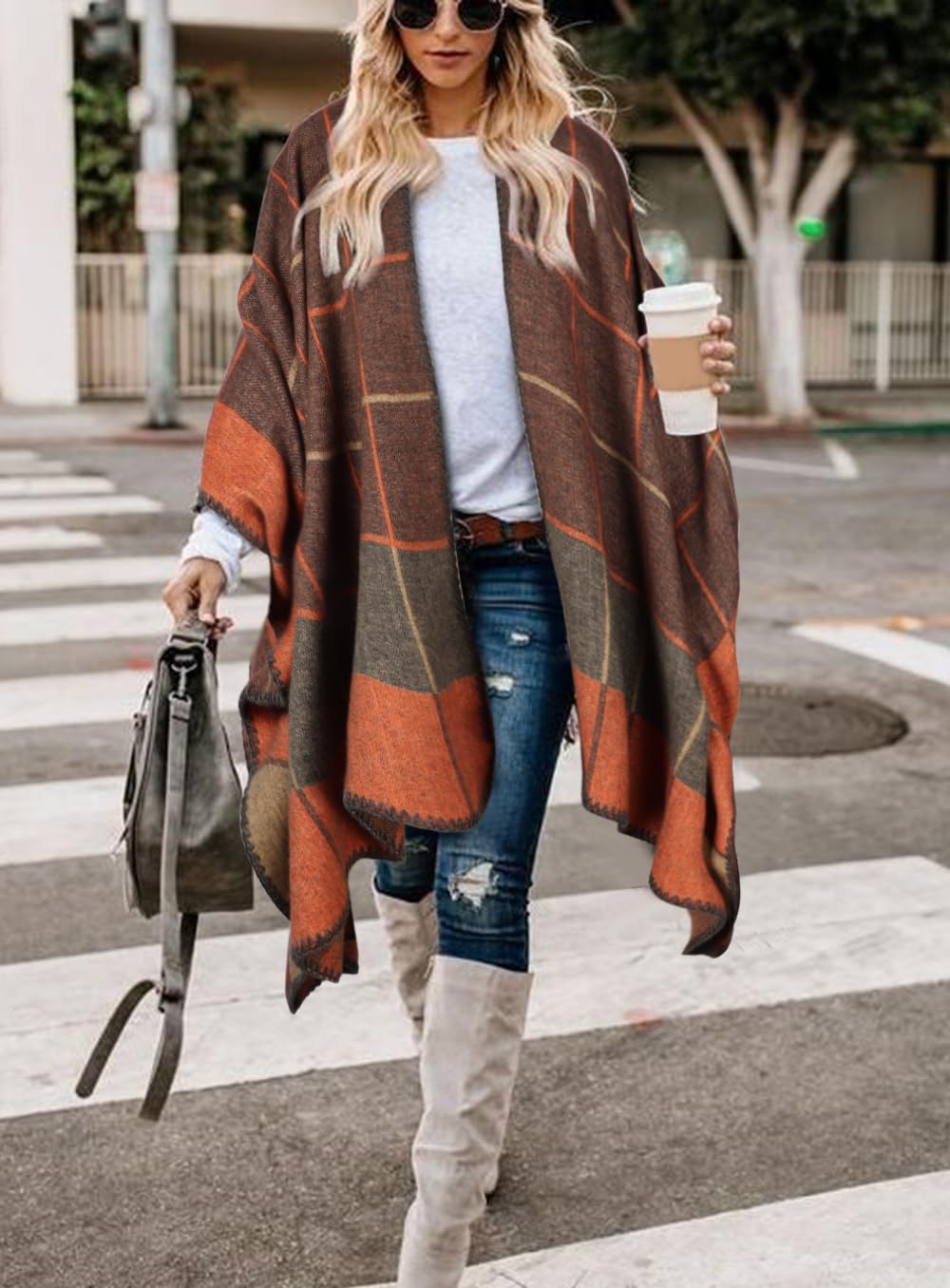 Bestshe Women's Boho Open Front Poncho Knitted Plaid Shawl Wrap Cape Tassel Cardigan Sweater