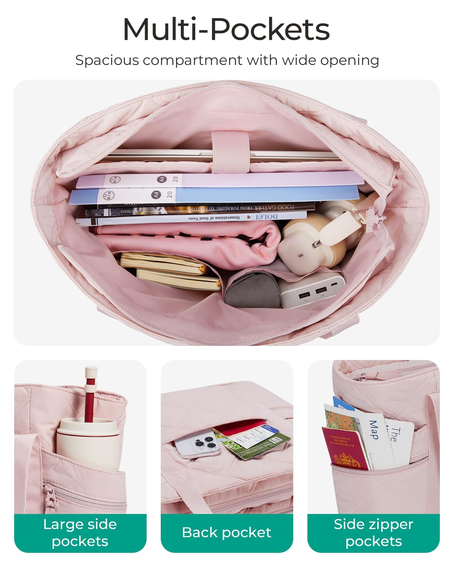 BAGSMART Crush Tote Bag for Women, 20L Puffer Work Tote with Zipper, Travel Essentials Quilted Nurse Hospital Bag