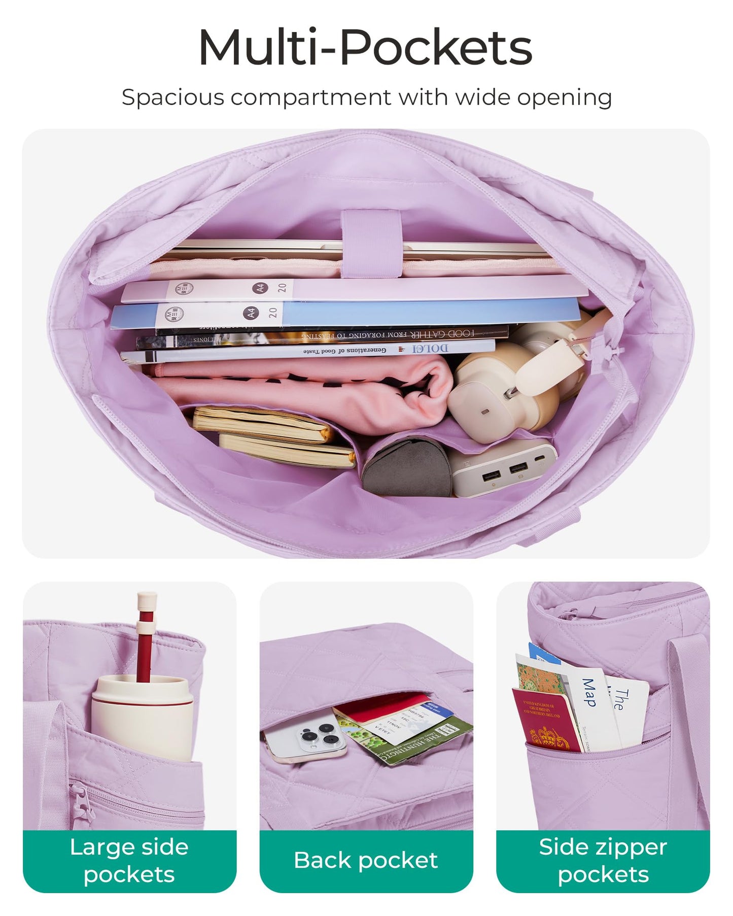 BAGSMART Crush Tote Bag for Women, 20L Puffer Work Tote with Zipper, Travel Essentials Quilted Nurse Hospital Bag