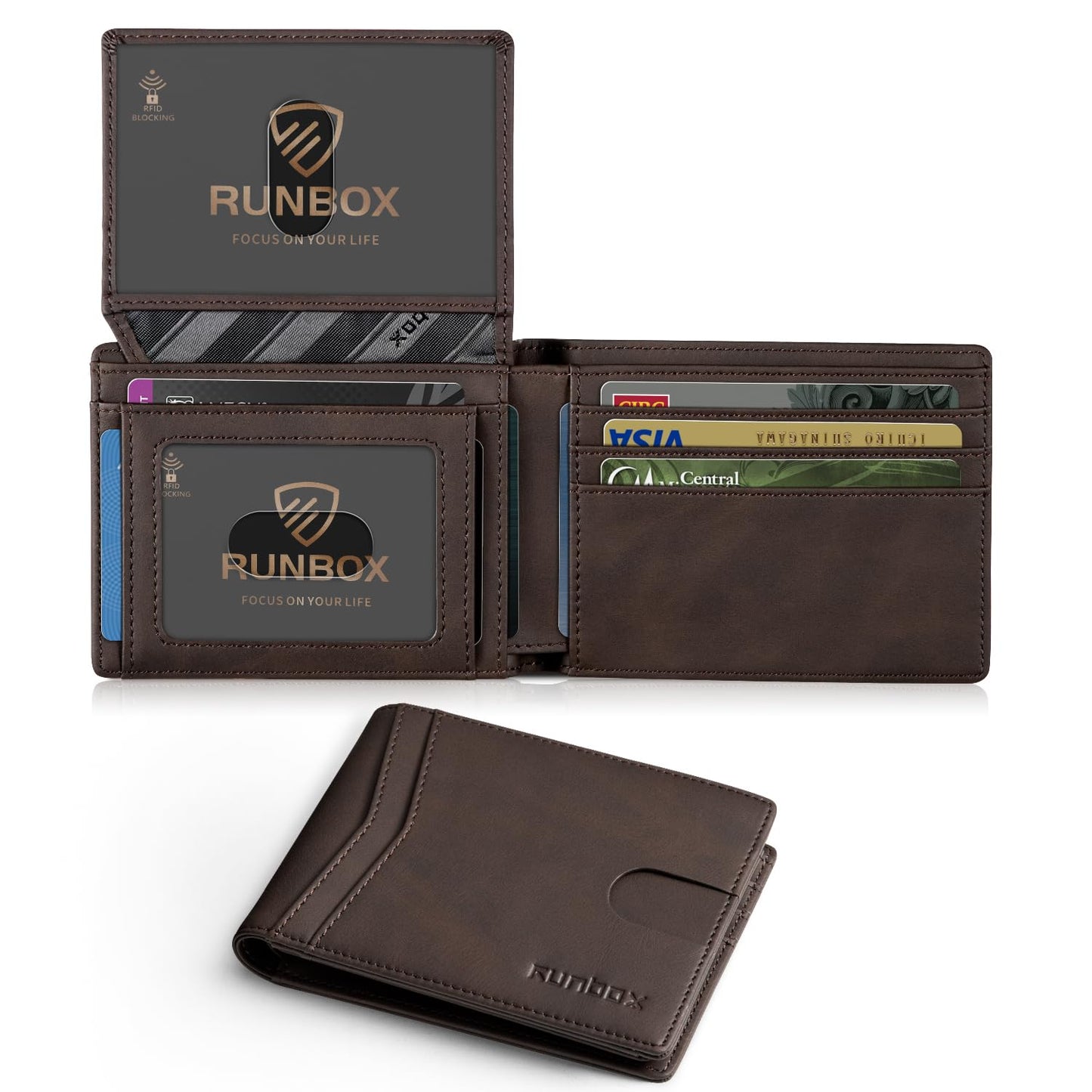 RUNBOX Wallet for Men Slim Rfid Leather 2 ID Window With Gift Box