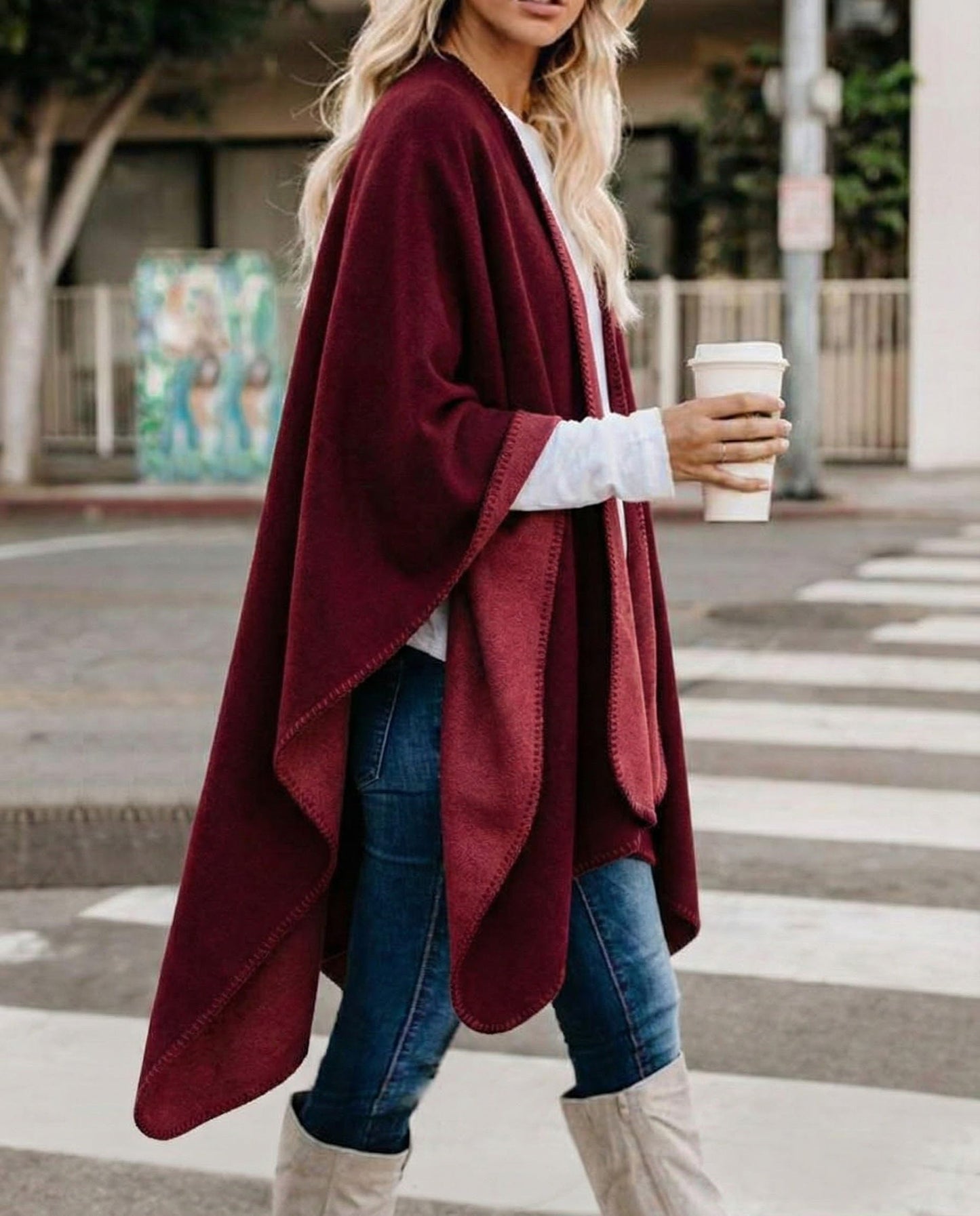 Bestshe Women's Boho Open Front Poncho Knitted Plaid Shawl Wrap Cape Tassel Cardigan Sweater