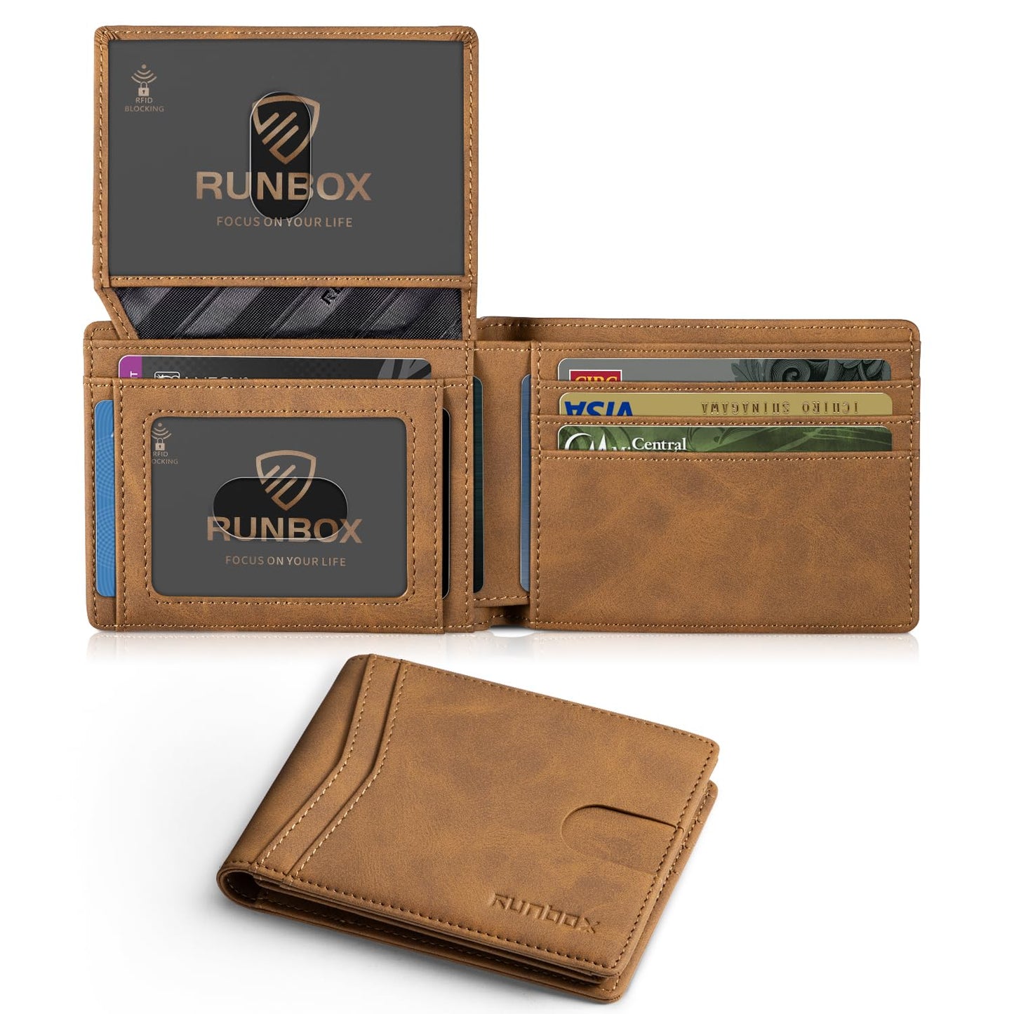 RUNBOX Wallet for Men Slim Rfid Leather 2 ID Window With Gift Box