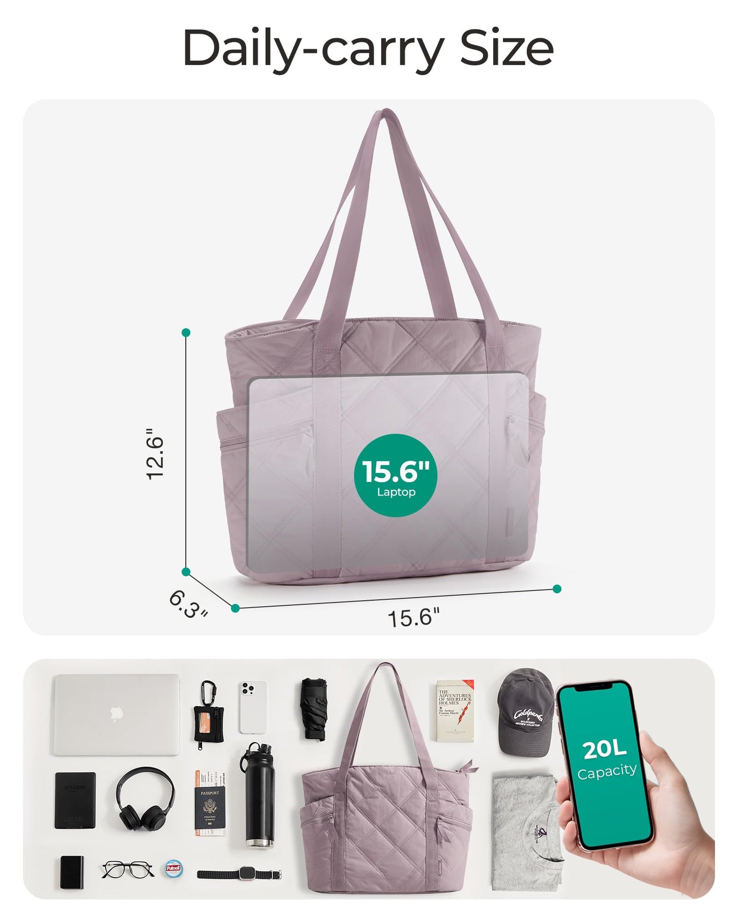 BAGSMART Crush Tote Bag for Women, 20L Puffer Work Tote with Zipper, Travel Essentials Quilted Nurse Hospital Bag