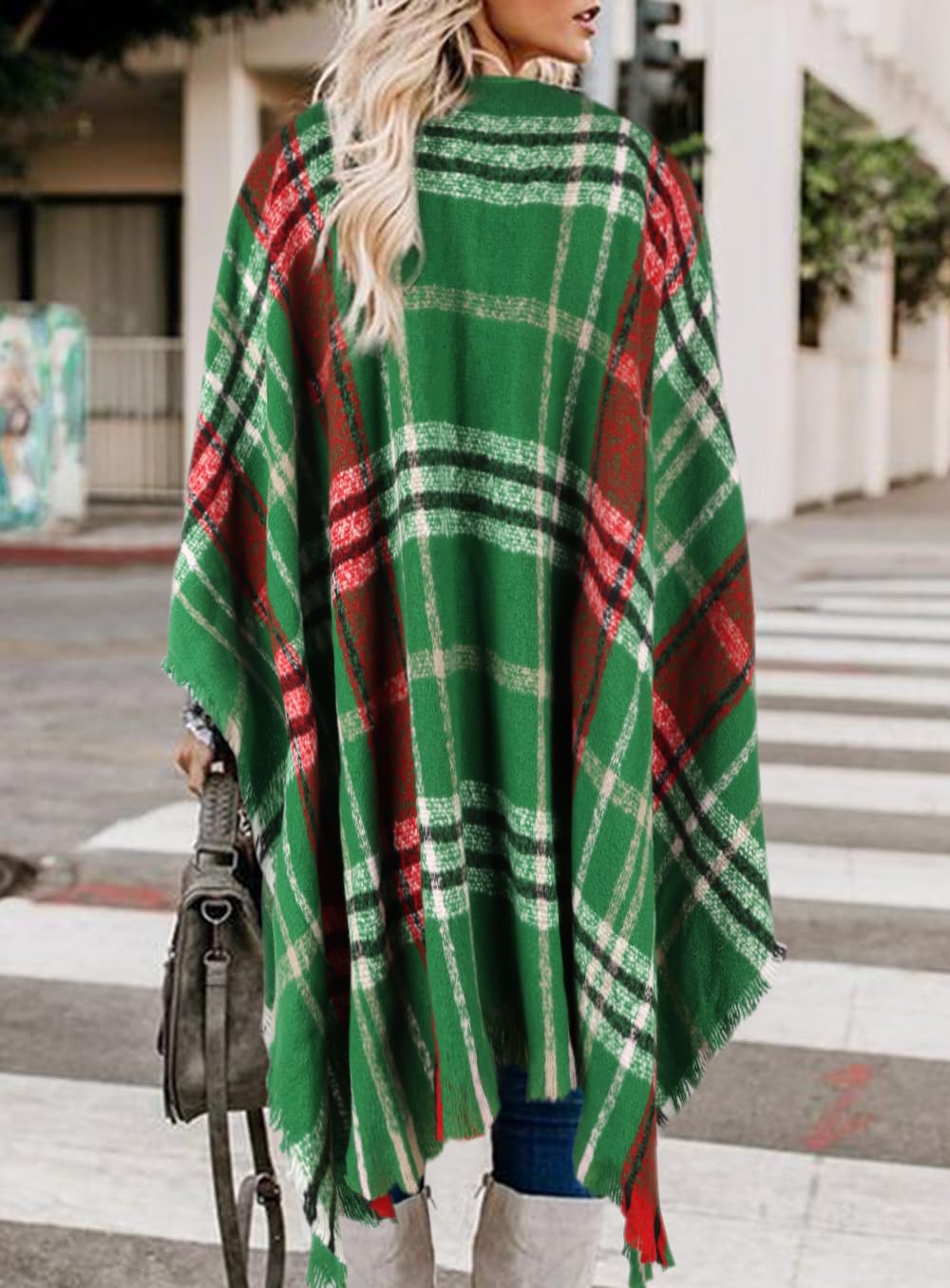 Bestshe Women's Boho Open Front Poncho Knitted Plaid Shawl Wrap Cape Tassel Cardigan Sweater