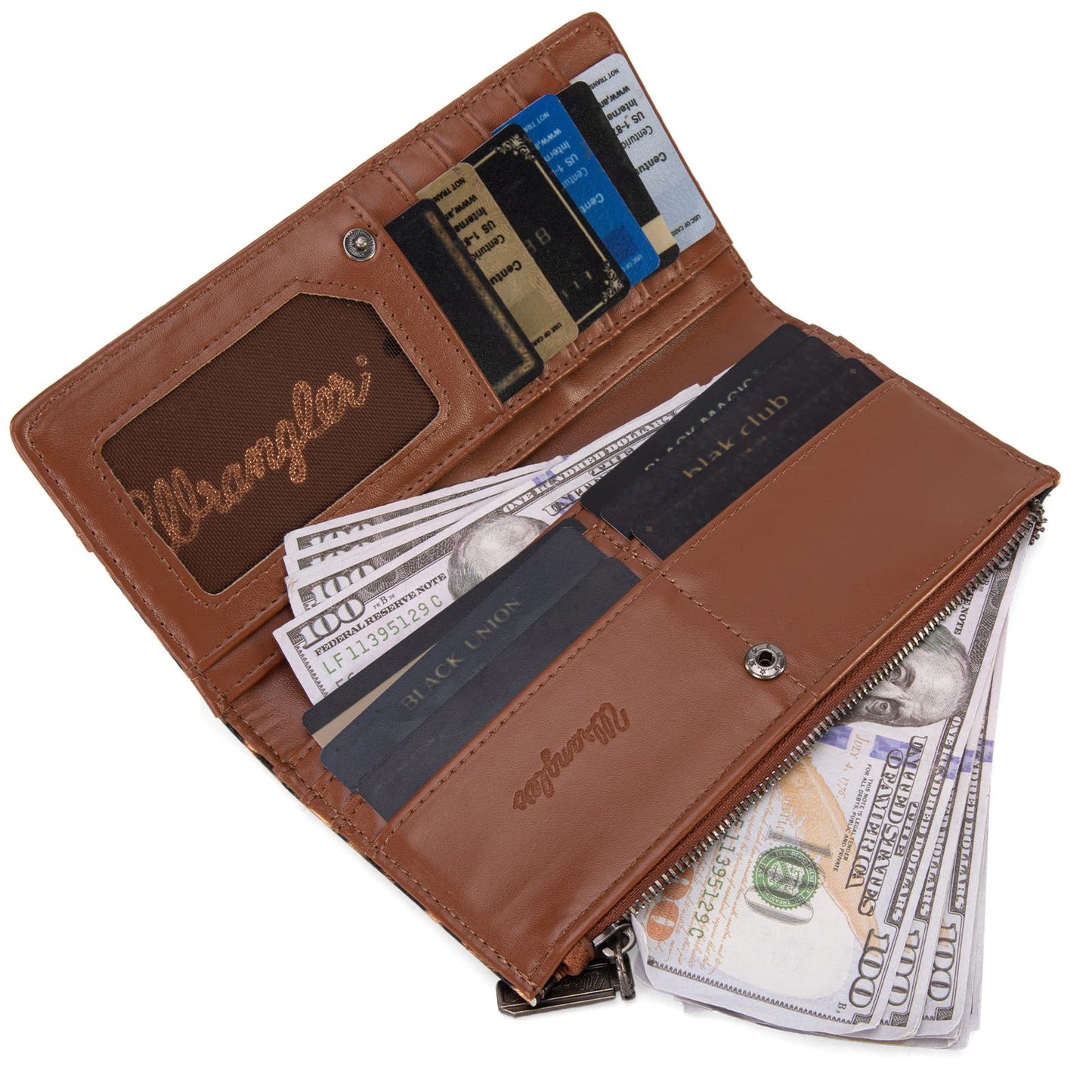 Wrangler Cow Print Wallets Womens Bifold Credit Card Wallet Women's Wallets, Card Cases & Money Organizers Brown Wallet for Women Ladies Female Cash Wallett with Smooth Zipper