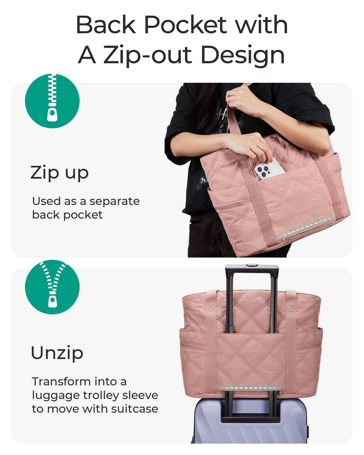 BAGSMART Crush Tote Bag for Women, 20L Puffer Work Tote with Zipper, Travel Essentials Quilted Nurse Hospital Bag