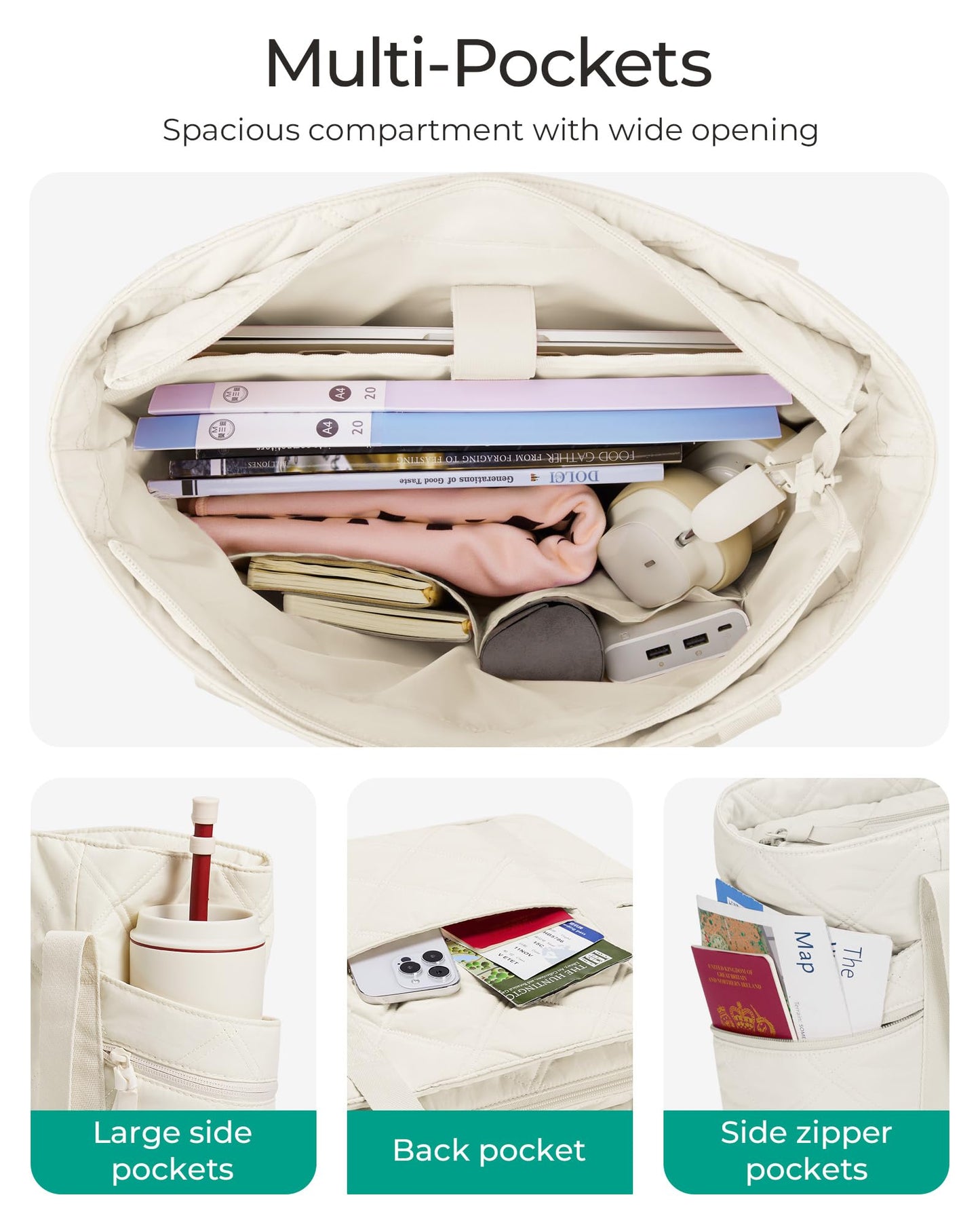 BAGSMART Crush Tote Bag for Women, 20L Puffer Work Tote with Zipper, Travel Essentials Quilted Nurse Hospital Bag