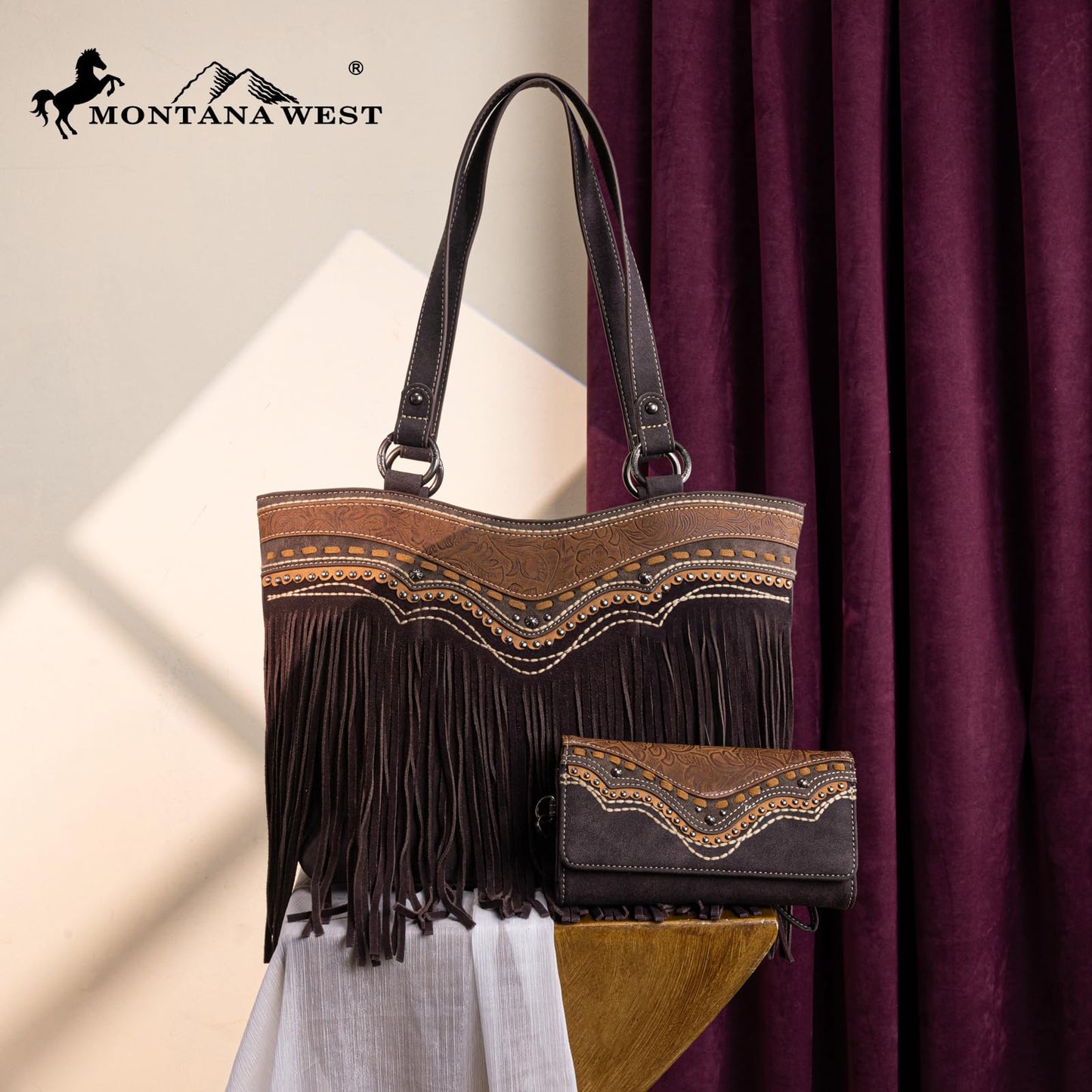 Montana West Western Tote Bag for Women Tooled Fringe Purse and Handbag with Wallet