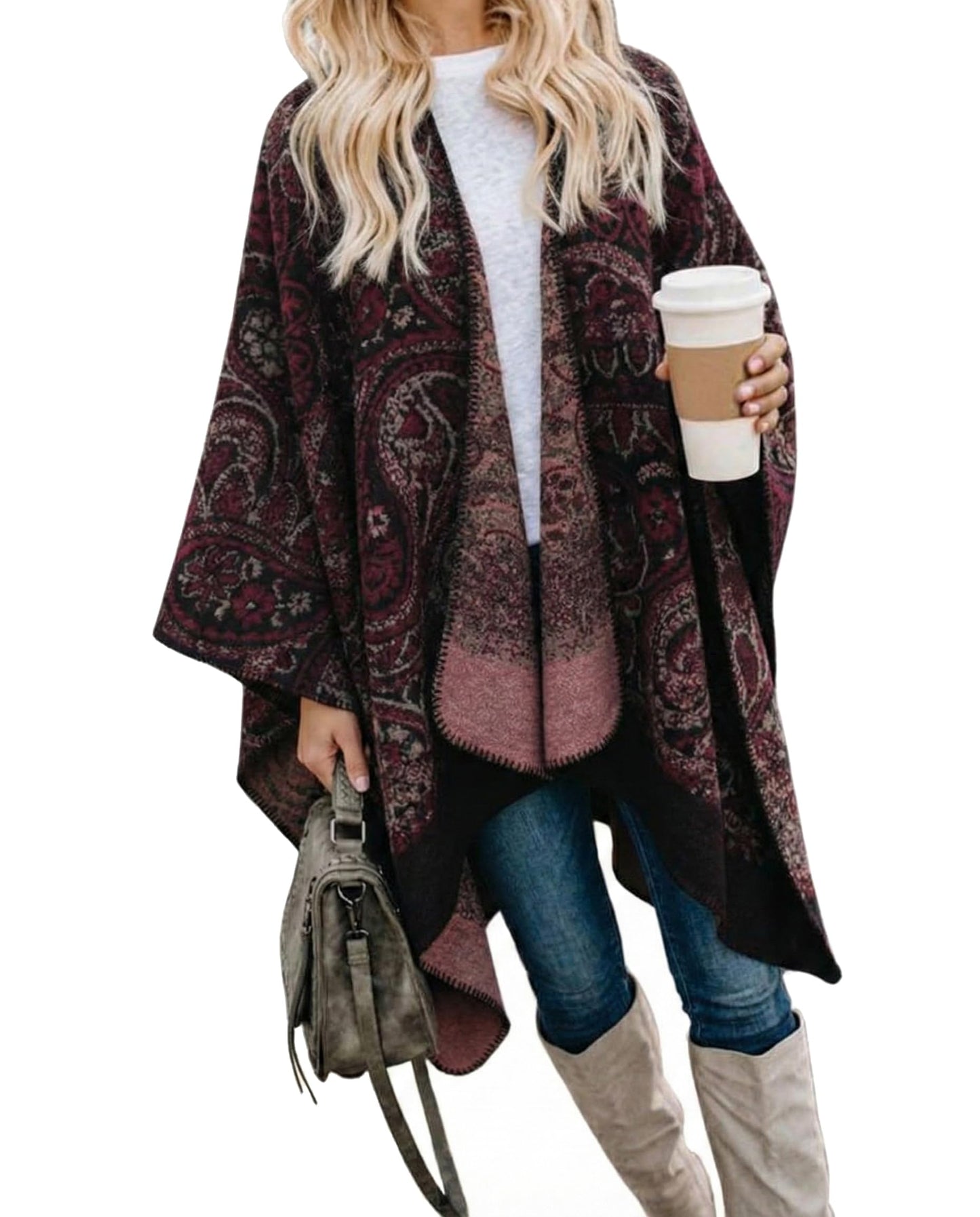 Bestshe Women's Boho Open Front Poncho Knitted Plaid Shawl Wrap Cape Tassel Cardigan Sweater