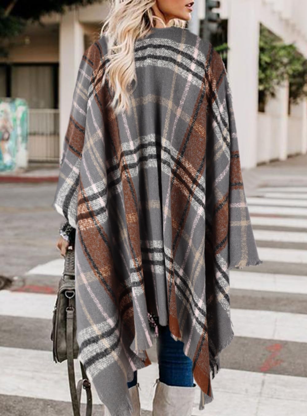 Bestshe Women's Boho Open Front Poncho Knitted Plaid Shawl Wrap Cape Tassel Cardigan Sweater