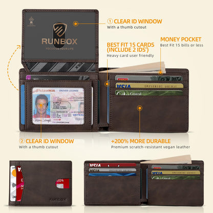 RUNBOX Wallet for Men Slim Rfid Leather 2 ID Window With Gift Box